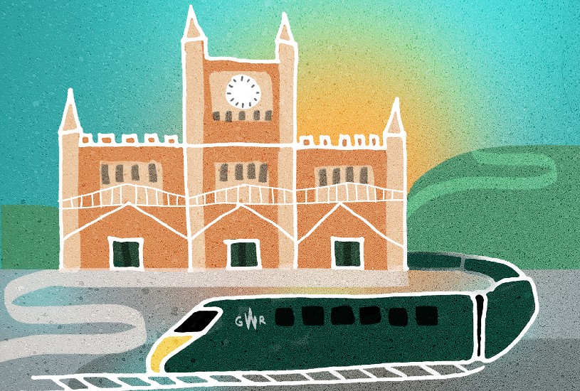 Illustration of GWR train at Temple Meads by Bex Glover